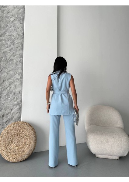 Kadın Şal Yaka Kuşaklı Yelekli Palazzo Pantolonlu Takım Elbise