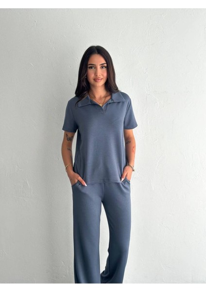 Kadın Modal Kumaş Kısa Kollu Polo Yaka T-Shirt Eşofman Takımı