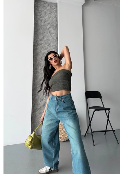 Baggy Taş Enzim Bıyık Yıkama Jeans Pantolon Yeşil Tint D2007