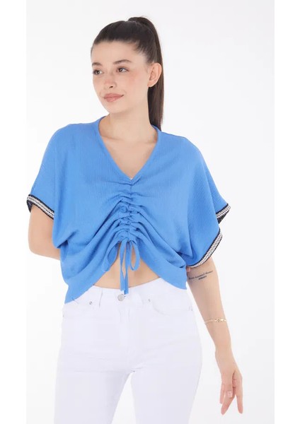 V Yaka Büzgülü Detaylı Bluz fırsatları