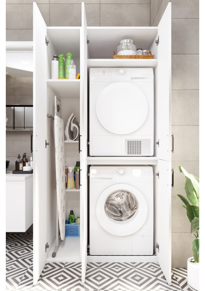 Ases Mobilya ESL0215 Çamaşır Makinesi ve Kurutma Makinesi Extra Boy Banyo Dolabı Beyaz