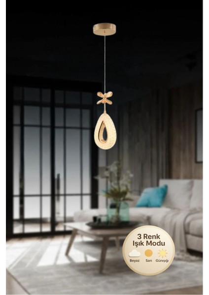 Damla Model Gold 3 Renk Modu Ledli Kristal Taşlı Modern Salon Mutfak Oturma Odası LED Avize