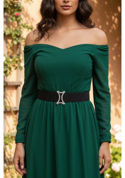 Pınkmark Kadın Gümüş Kaplamalı Renkli Baget Taşlı Zirkon 4cm Genişlik Ayarlanabilir Lastik Kemer PMKM25714