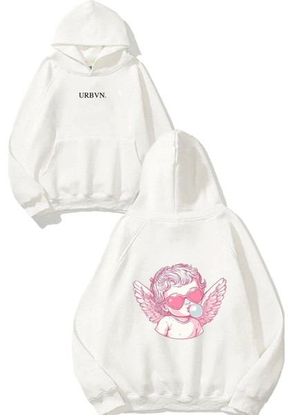 Angel Bubble Tasarım Baskılı Oversize Beyaz Kapüşonlu Sweatshirt