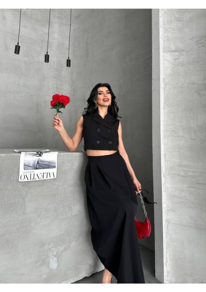 Kadın Alt Üst Takım Düğme Detaylı Premium Yelek Etek Ikili Takım Elbise fırsatları