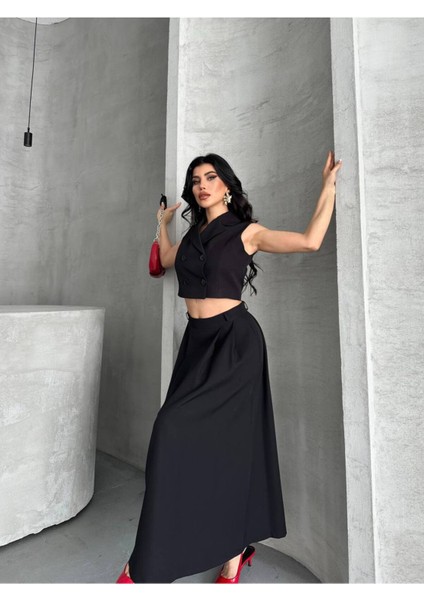 Kadın Alt Üst Takım Düğme Detaylı Premium Yelek Etek Ikili Takım Elbise indirimleri