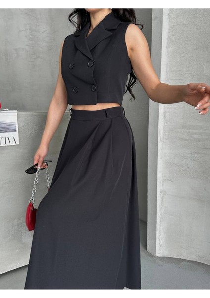 Kadın Alt Üst Takım Düğme Detaylı Premium Yelek Etek Ikili Takım Elbise