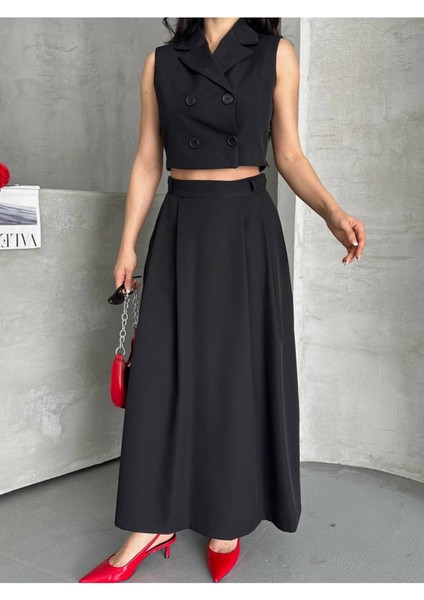 Kadın Alt Üst Takım Düğme Detaylı Premium Yelek Etek Ikili Takım Elbise