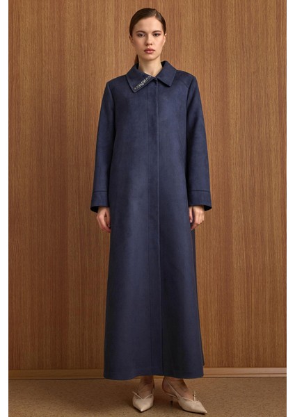 Devrik Yaka Taş Detaylı Süet Görünümlü Büyük Beden Pardesü Lacivert 6795