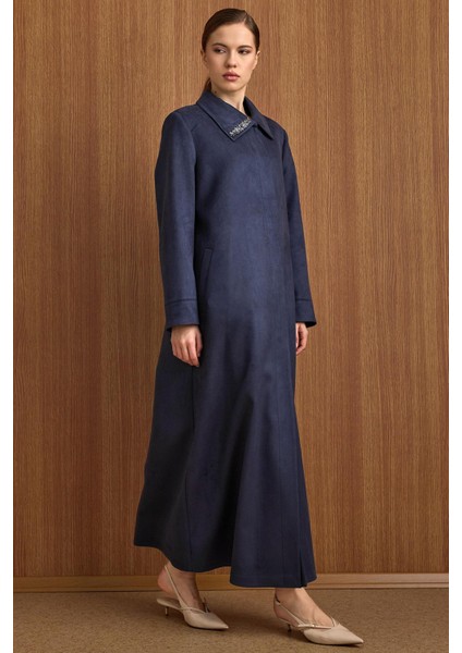 Devrik Yaka Taş Detaylı Süet Görünümlü Büyük Beden Pardesü Lacivert 6795 modelleri