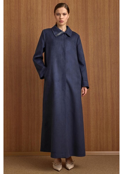 Devrik Yaka Taş Detaylı Süet Görünümlü Büyük Beden Pardesü Lacivert 6795 fırsatları