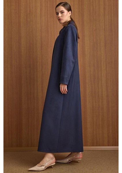 Devrik Yaka Taş Detaylı Süet Görünümlü Büyük Beden Pardesü Lacivert 6795 indirimleri