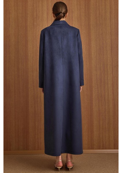 Devrik Yaka Taş Detaylı Süet Görünümlü Büyük Beden Pardesü Lacivert 6795