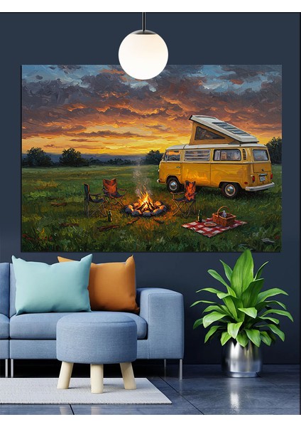 Kamp Alanı Karavan Manzarası Dekoratif Kanvas - Mdf Ahşap Tablo