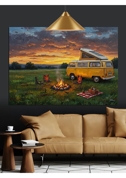 Kamp Alanı Karavan Manzarası Dekoratif Kanvas - Mdf Ahşap Tablo fiyatları