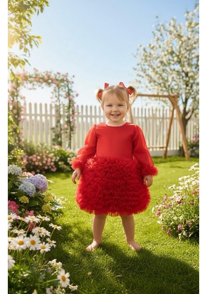 Kız Çocuk Elbise Party Balo Düğün Elbisesi Fır Fır Etek ve Kol Detaylı 1- 5 Yaş