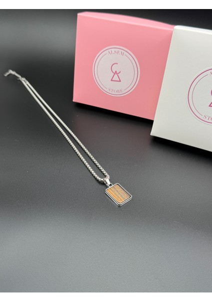 Gümüş Erkek Vintage Kolye , Ahşap Dokulu Plaka Kolye , Paslanmaz Çelik Box Zincir , Erkek Arkadaş