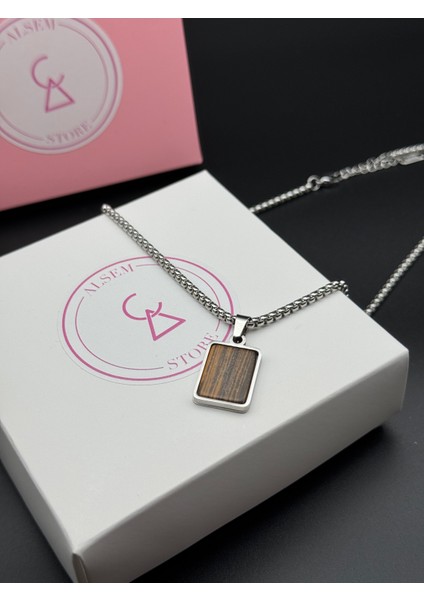 Gümüş Erkek Vintage Kolye , Ahşap Dokulu Plaka Kolye , Paslanmaz Çelik Box Zincir , Erkek Arkadaş fırsatları