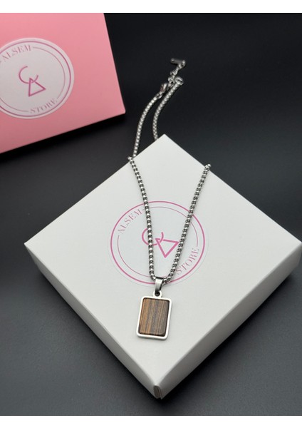 Gümüş Erkek Vintage Kolye , Ahşap Dokulu Plaka Kolye , Paslanmaz Çelik Box Zincir , Erkek Arkadaş indirimleri