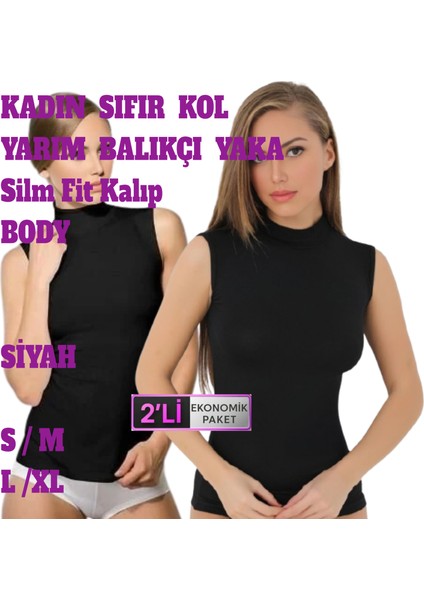 Kadın Dikişsiz Sıfır Kol Boğazlı Balıkçı Yaka T-Shirt Body Atlet 2 Adet Siyah Beyaz Renkli