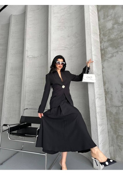 Kadın Gold Kurabiye Düğmeli Blazer Ceket Etek Takım Elbise fiyatları