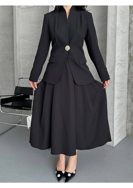 Kadın Gold Kurabiye Düğmeli Blazer Ceket Etek Takım Elbise