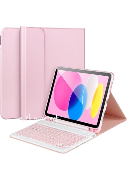Moveteck Ipad Air 11 Inç 2024 6.nesil Uyumlu Klavyeli Tablet Kılıf Bluetooth Kalem Bölmeli Standlı, Pembe, Tek Ebat, Keyboard-Air6-Pembe