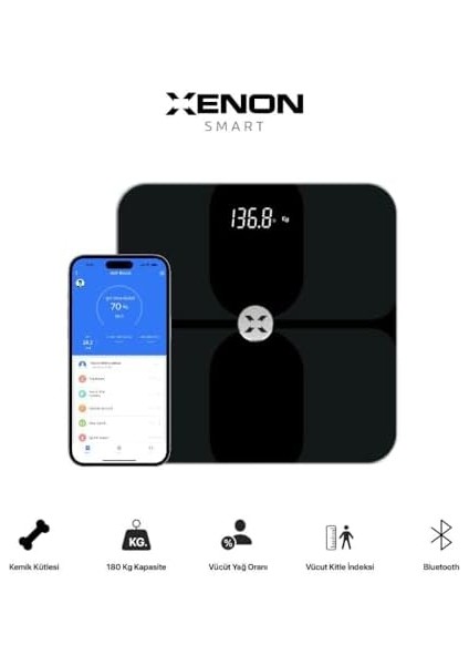 Xenon Smart Dijital Mobil Uygulama Denetimli Akıllı Tartı Yağ Kemik Kas Kütlesi Ölçen Vücut Veri Analizi Için Bluetooth Baskül (180 kg Kapasite) X8703 fiyatları