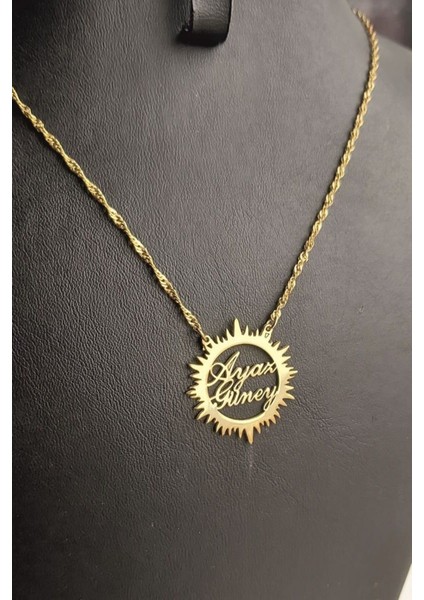 925 Ayar Gümüş 24 Ayar Altın Kaplama 2 Isimli Güneş Kolye