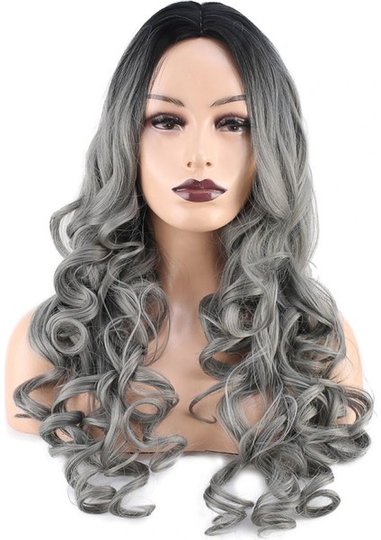 Dalgalı Perçemsiz Uzun Fiber Sentetik Peruk - Siyah / Gri Ombreli fiyatları