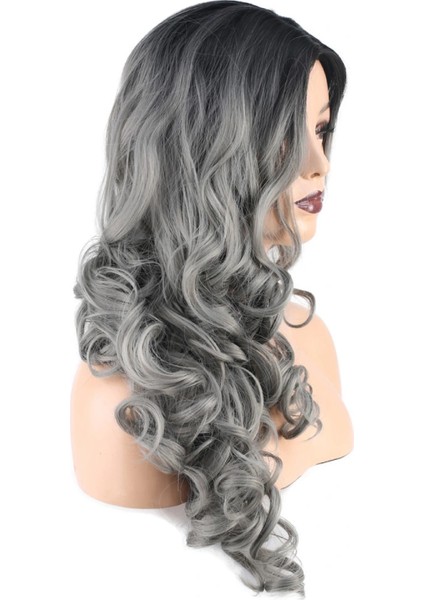 Dalgalı Perçemsiz Uzun Fiber Sentetik Peruk - Siyah / Gri Ombreli modelleri