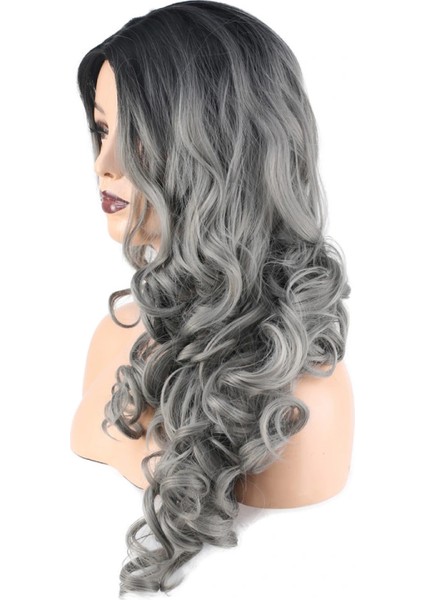 Dalgalı Perçemsiz Uzun Fiber Sentetik Peruk - Siyah / Gri Ombreli fırsatları