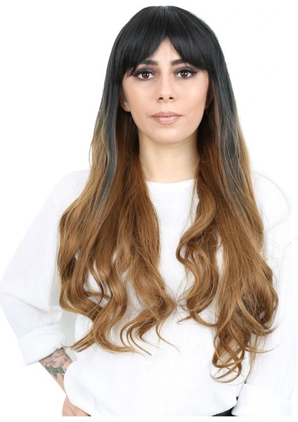 Kahküllü Uzun Dalgalı Fiber Sentetik Peruk - Siyah / Karamel Ombreli fiyatları