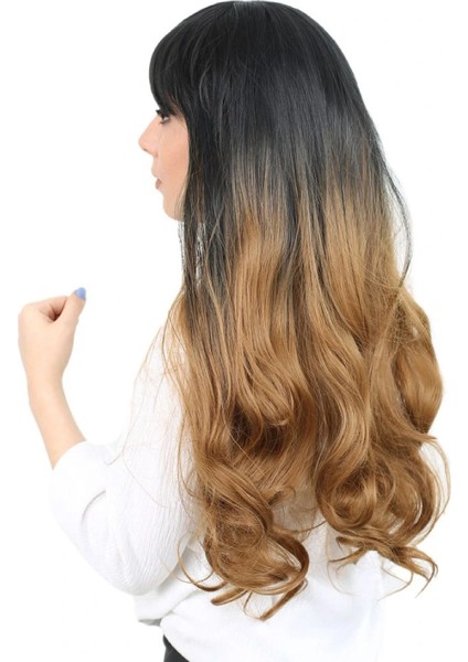 Kahküllü Uzun Dalgalı Fiber Sentetik Peruk - Siyah / Karamel Ombreli fırsatları