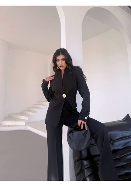 Kadın Gold Kurabiye Düğmeli Blazer Ceket Palazzo Pantolon Takım Elbise