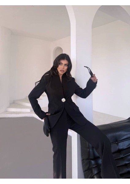 Kadın Gold Kurabiye Düğmeli Blazer Ceket Palazzo Pantolon Takım Elbise fiyatları