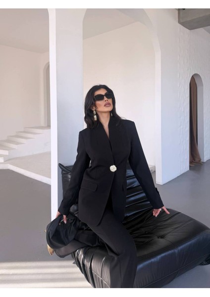 Kadın Gold Kurabiye Düğmeli Blazer Ceket Palazzo Pantolon Takım Elbise fırsatları