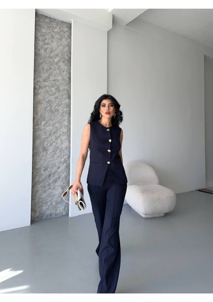 Kadın Alt Üst Takım Şık Düğme Detaylı Premium Yelek Pantolon Ikili Takım Elbise