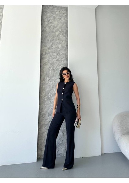 Kadın Alt Üst Takım Şık Düğme Detaylı Premium Yelek Pantolon Ikili Takım Elbise fırsatları