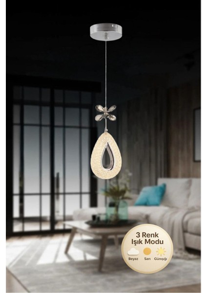 Damla Model Krom 3 Renk Modu Ledli Kristal Taşlı Modern Salon Mutfak Oturma Odası LED Avize