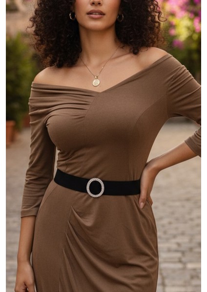 Pınkmark Kadın Gümüş Kaplamalı Zirkon Taşlı Oval 4cm Genişlik Ayarlanabilir Lastik Kemer PMKM25719