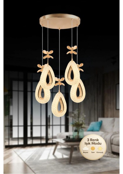 Damla Model 5'li Gold 3 Renk Modu Ledli Kristal Taşlı Modern Salon Mutfak Oturma Odası LED Avize