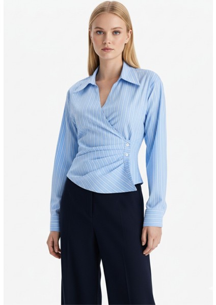 Kadın Mavi Kruvaze Regular Fit V Yaka Çizgili Bengalin Uzun Kollu Gömlek - Kadın Gömlek