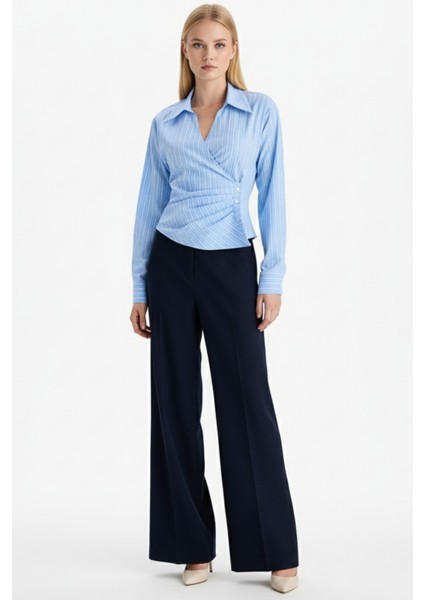 Kadın Mavi Kruvaze Regular Fit V Yaka Çizgili Bengalin Uzun Kollu Gömlek - Kadın Gömlek fiyatları