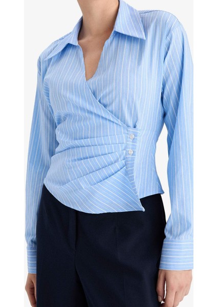 Kadın Mavi Kruvaze Regular Fit V Yaka Çizgili Bengalin Uzun Kollu Gömlek - Kadın Gömlek modelleri