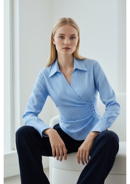 Kadın Mavi Kruvaze Regular Fit V Yaka Çizgili Bengalin Uzun Kollu Gömlek - Kadın Gömlek fırsatları