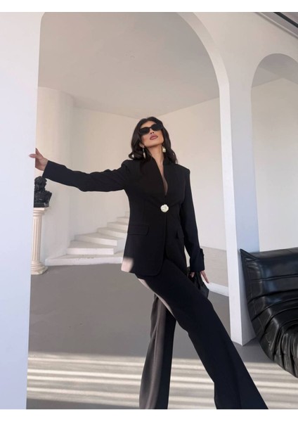 Kadın Gold Kurabiye Düğmeli Blazer Ceket Palazzo Pantolon Takım Elbise indirimleri