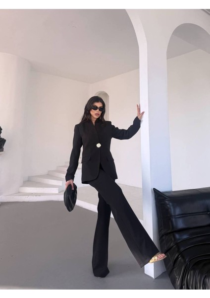 Kadın Gold Kurabiye Düğmeli Blazer Ceket Palazzo Pantolon Takım Elbise