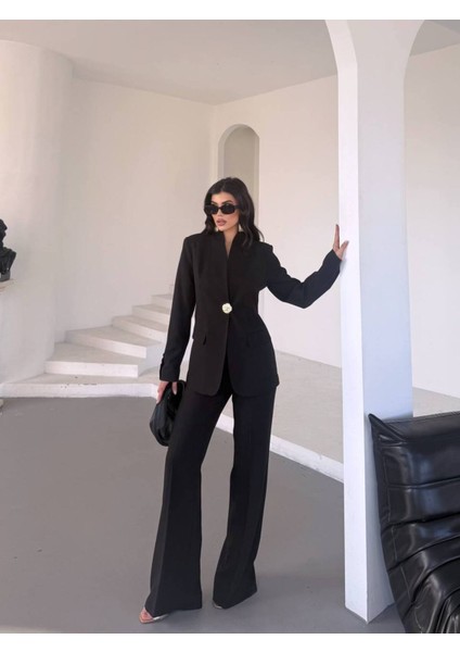 Kadın Gold Kurabiye Düğmeli Blazer Ceket Palazzo Pantolon Takım Elbise