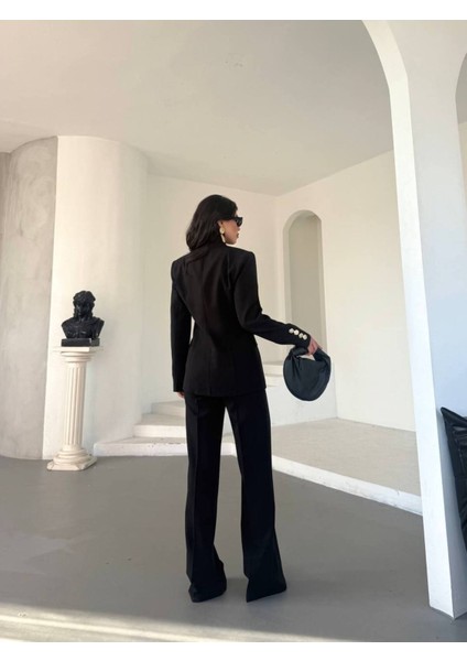 Kadın Gold Kurabiye Düğmeli Blazer Ceket Palazzo Pantolon Takım Elbise